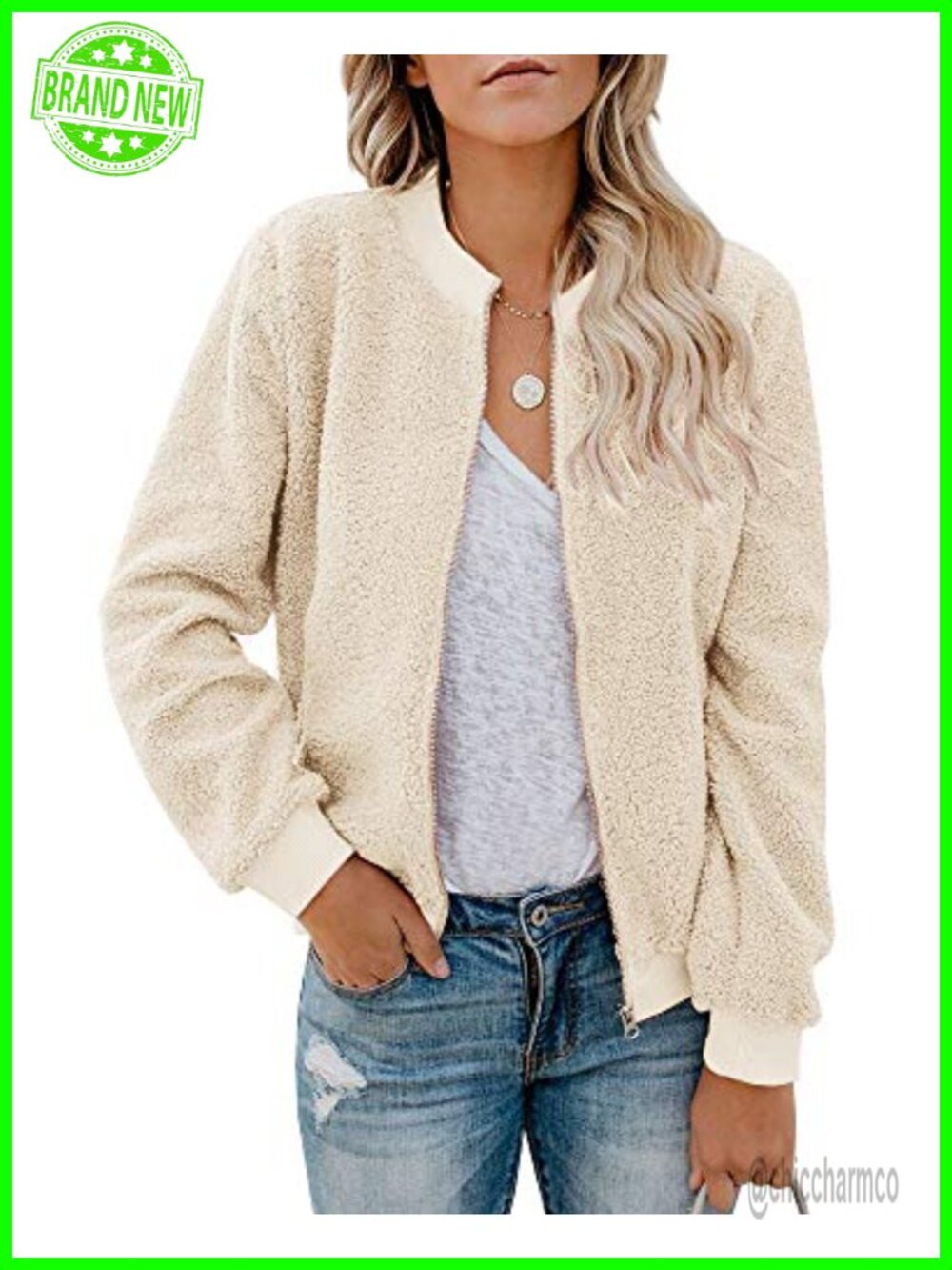 Women Fleece Jacket Winter Bomber Long Sleeve Faux Sherpa Fuzzy Zip Up Coat
